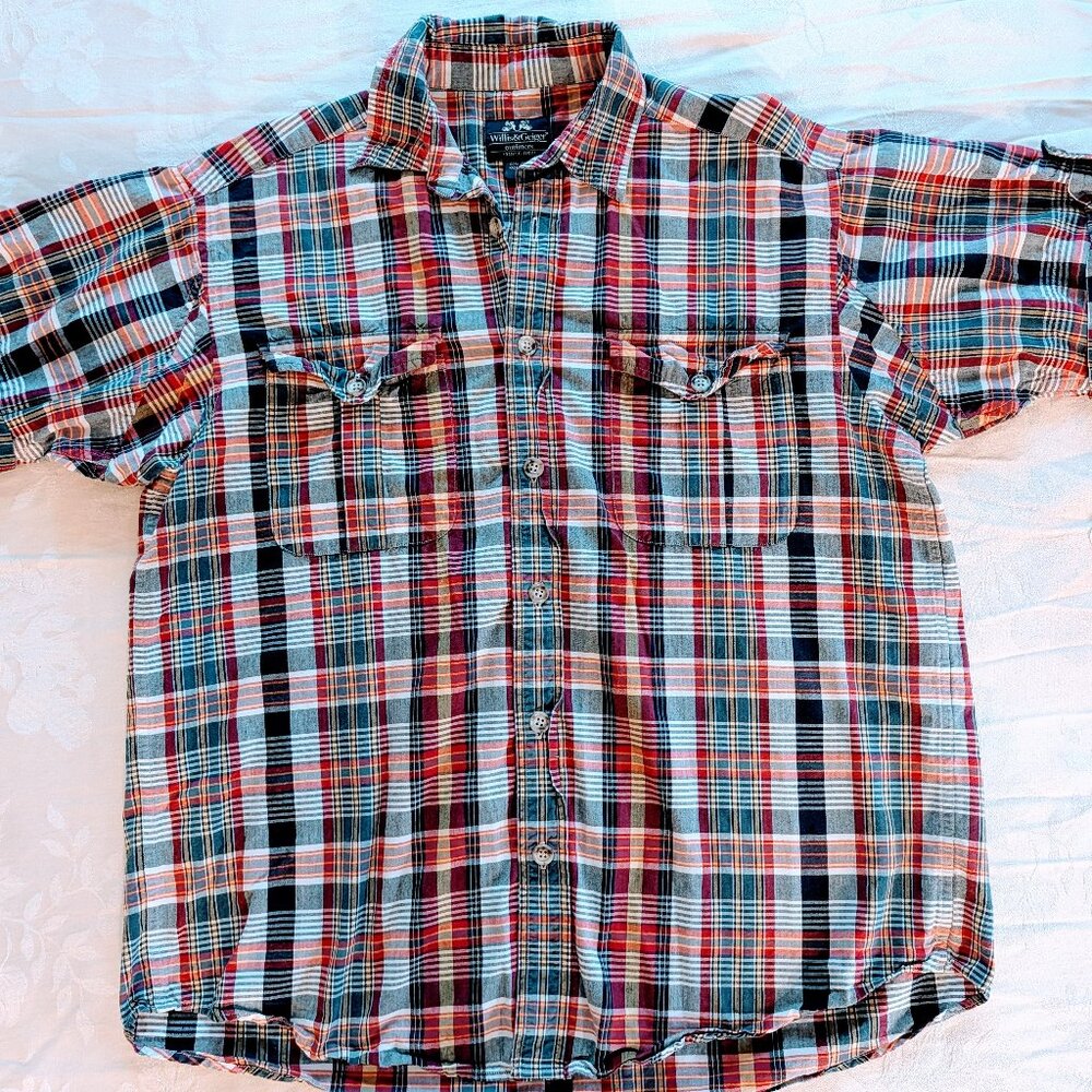 Willis & Geiger Mens M Plaid Button Up Shirt Roll Tab Tortoise 100% Cotton Red